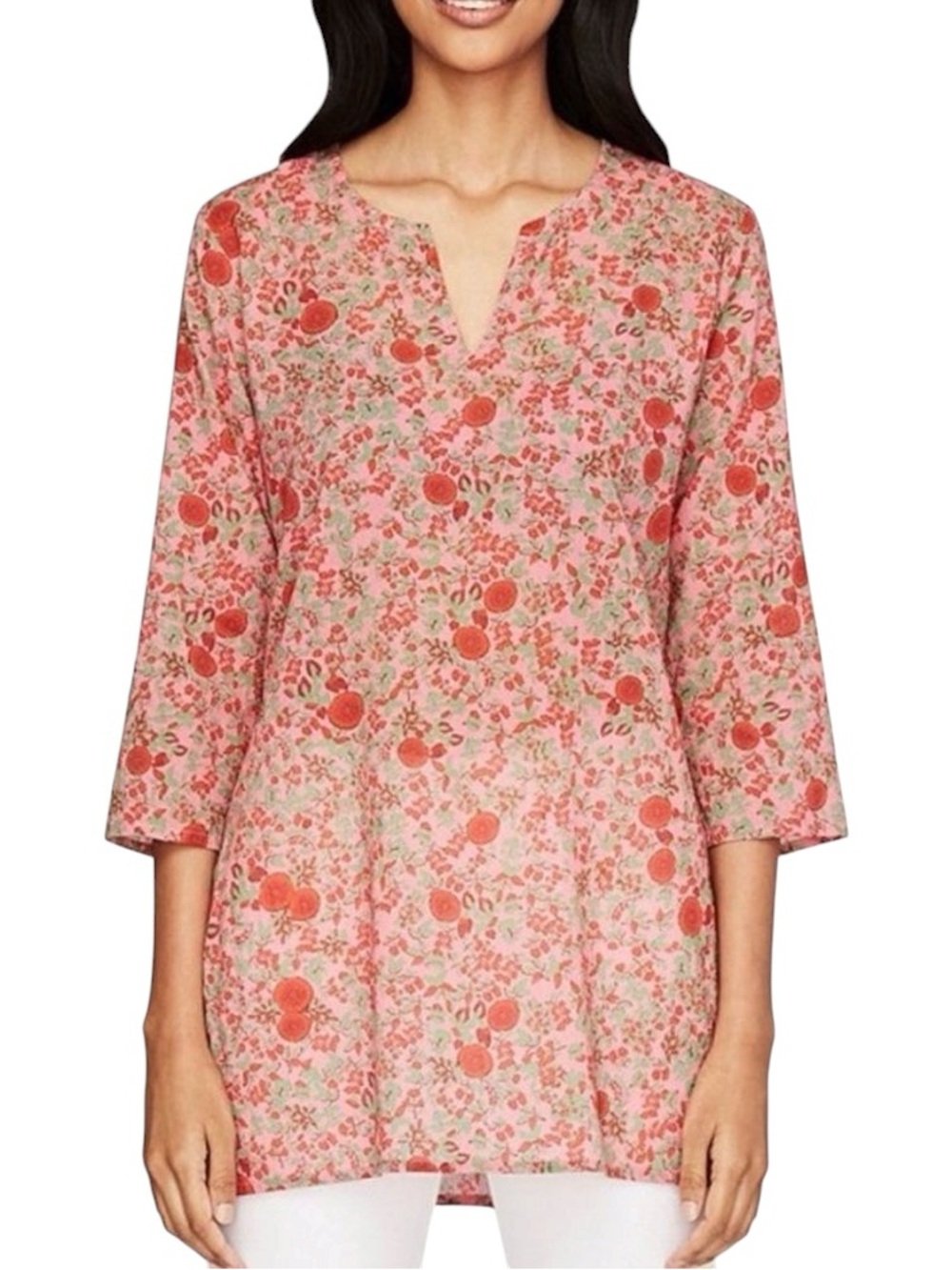 Roller Rabbit Rhody Kurta Tunic Womens Small Floral Pink Green Dress Top V Neck